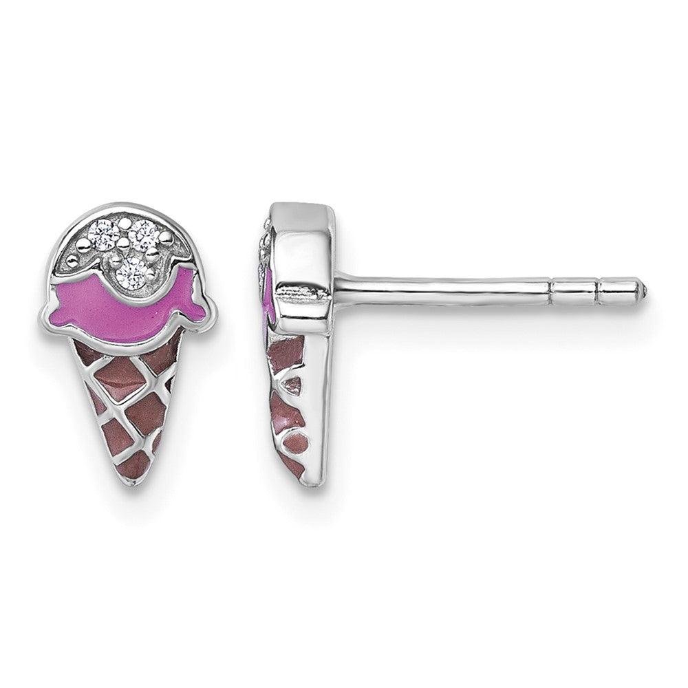 Sterling Silver RH-plated Enamel CZ Ice Cream Cone Post Earrings