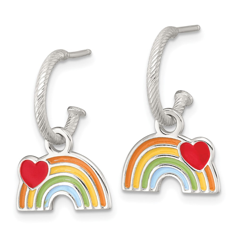 Sterling Silver Enmel Rainbow Removeable Dangle Grooved Hoop Post Earrings