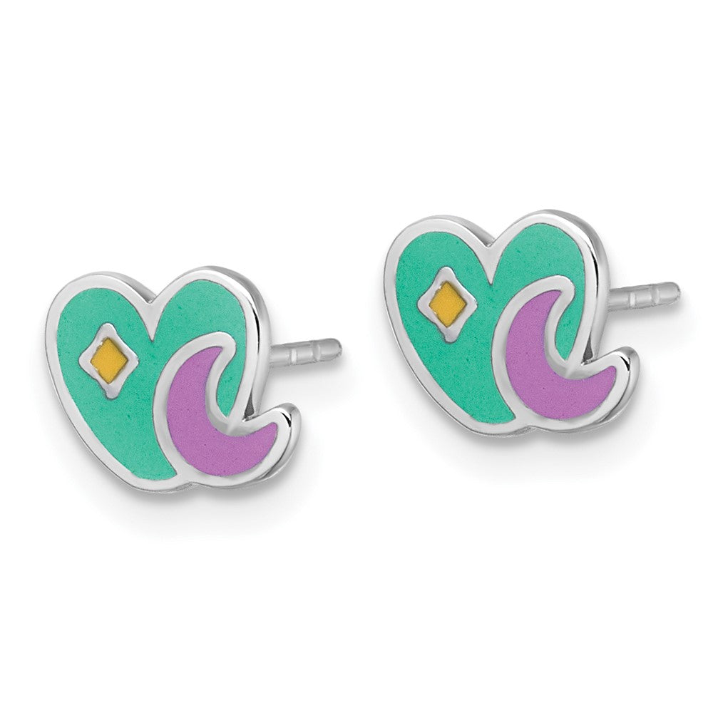 Sterling Silver RH-plated Enamel Heart And Moon Post Earrings