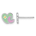 Sterling Silver RH-plated Enamel Heart And Moon Post Earrings