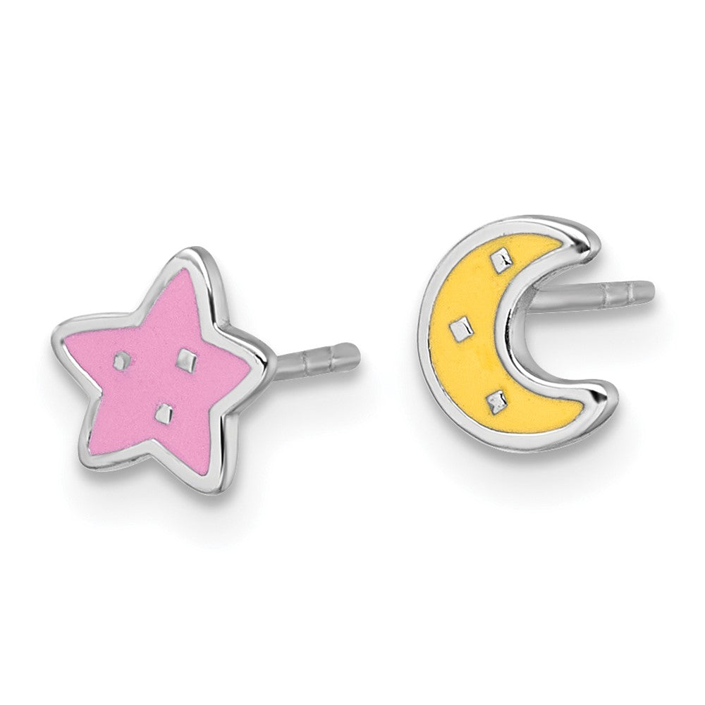 Sterling Silver RH-pl Enamel Moon / Star (One of Each) Post Earrings