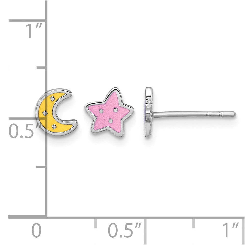 Sterling Silver RH-pl Enamel Moon / Star (One of Each) Post Earrings