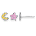 Sterling Silver RH-pl Enamel Moon / Star (One of Each) Post Earrings