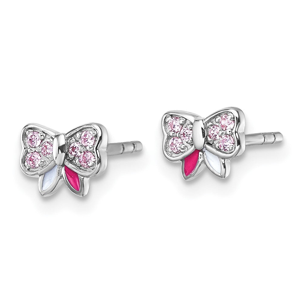 Sterling Silver Rh-pltd Pink CZ and Pink/White Enamel Bow Post Earrings