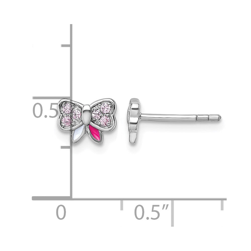 Sterling Silver Rh-pltd Pink CZ and Pink/White Enamel Bow Post Earrings