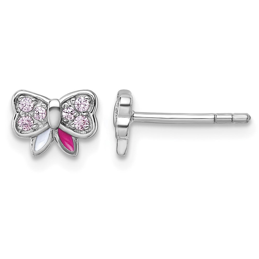 Sterling Silver Rh-pltd Pink CZ and Pink/White Enamel Bow Post Earrings