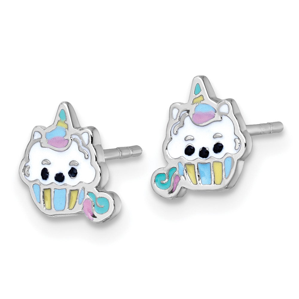 Sterling Silver RH-plated Enamel Unicorn Cupcake Post Earrings