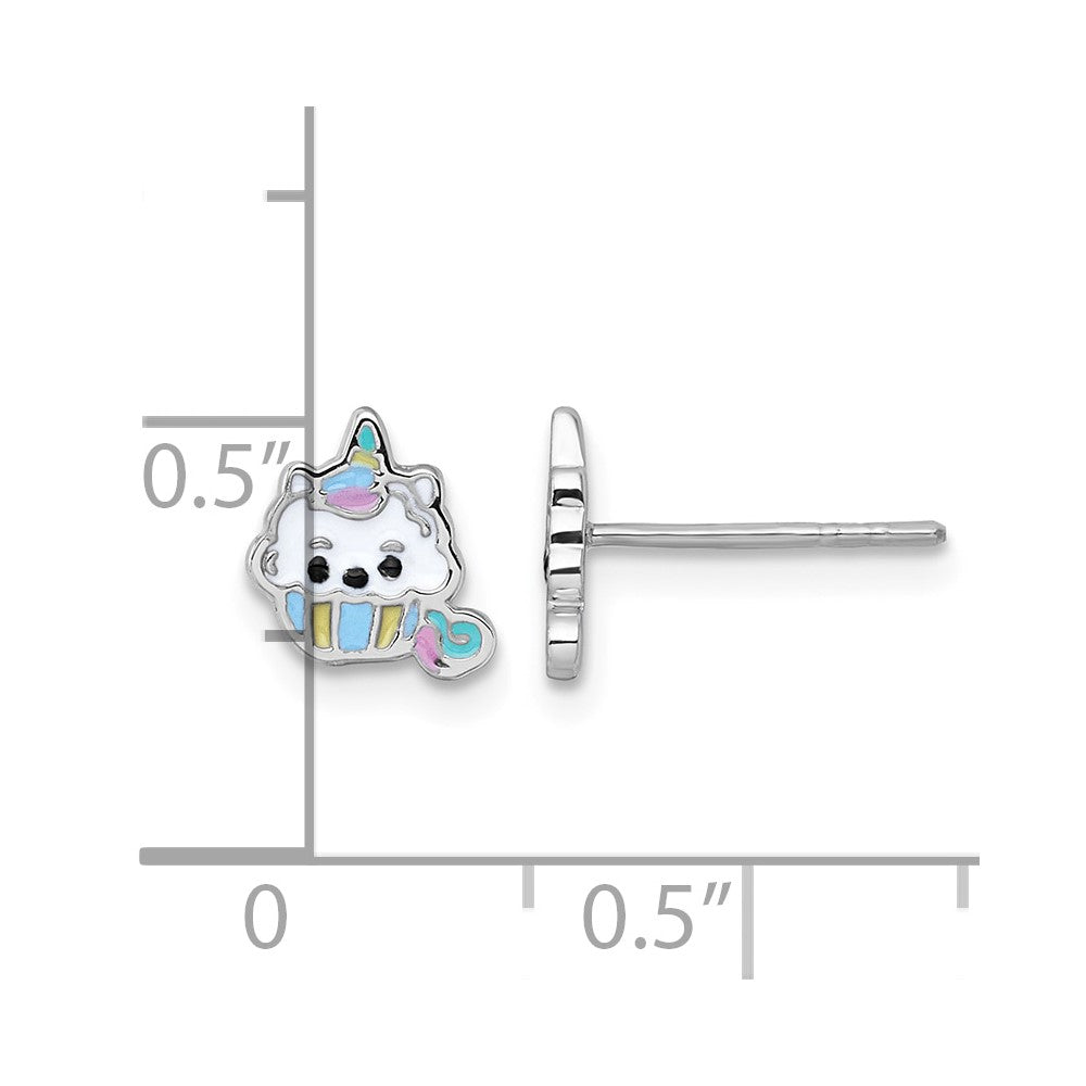 Sterling Silver RH-plated Enamel Unicorn Cupcake Post Earrings