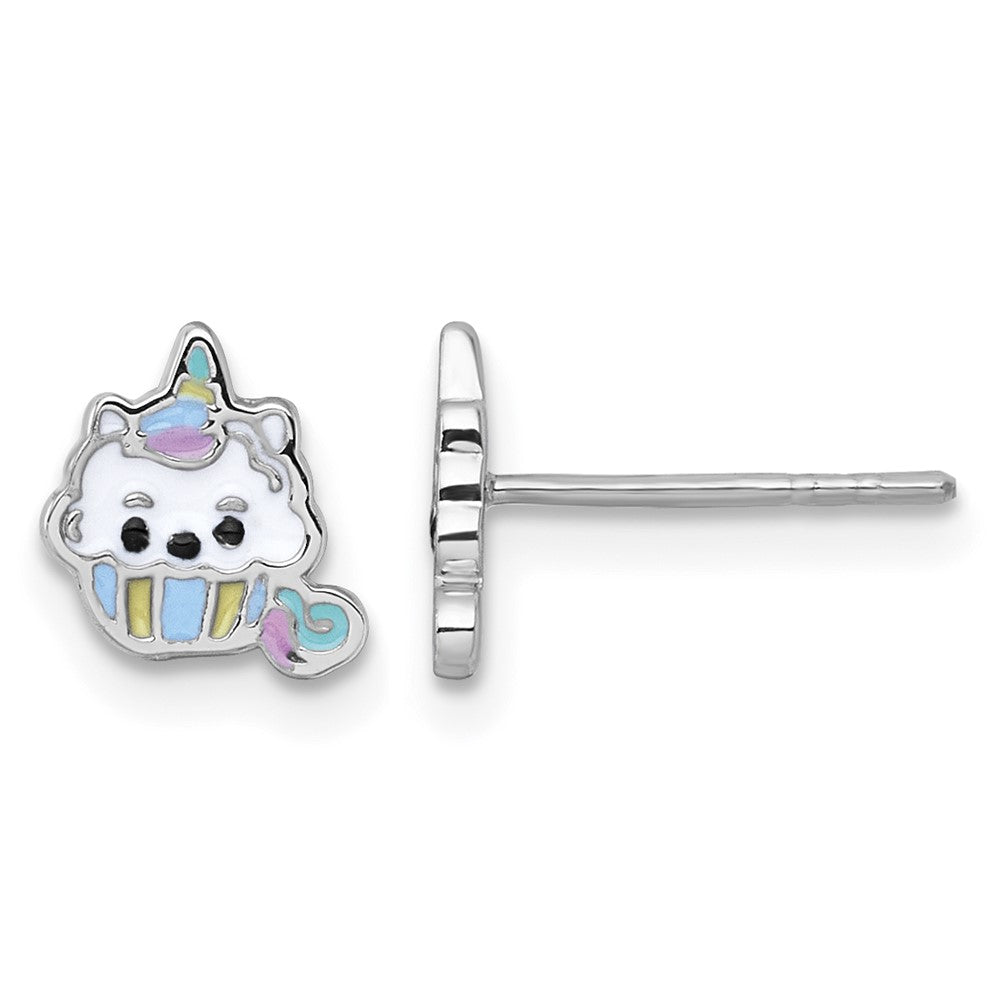 Sterling Silver RH-plated Enamel Unicorn Cupcake Post Earrings