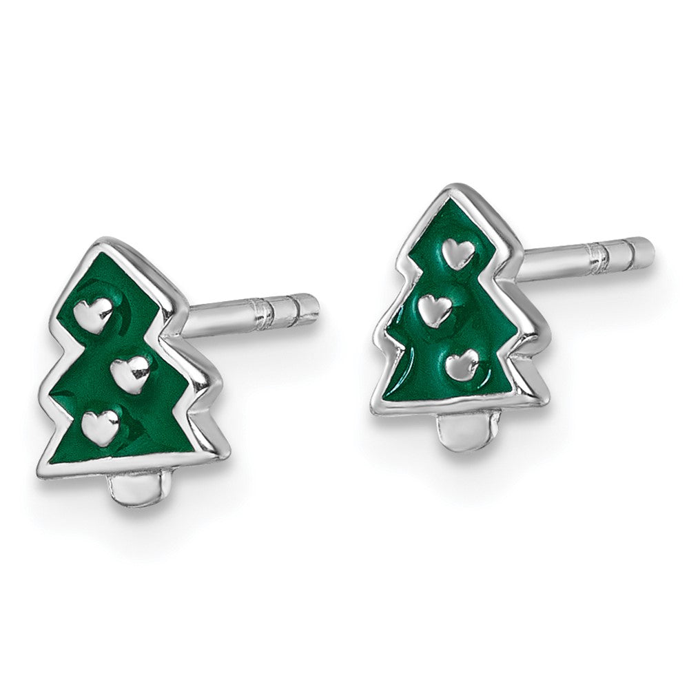 Sterling Silver Rh-plated Green Enamel Christmas Tree Post Earrings