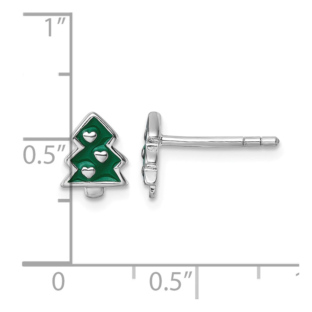 Sterling Silver Rh-plated Green Enamel Christmas Tree Post Earrings