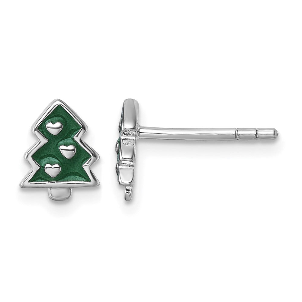 Sterling Silver Rh-plated Green Enamel Christmas Tree Post Earrings