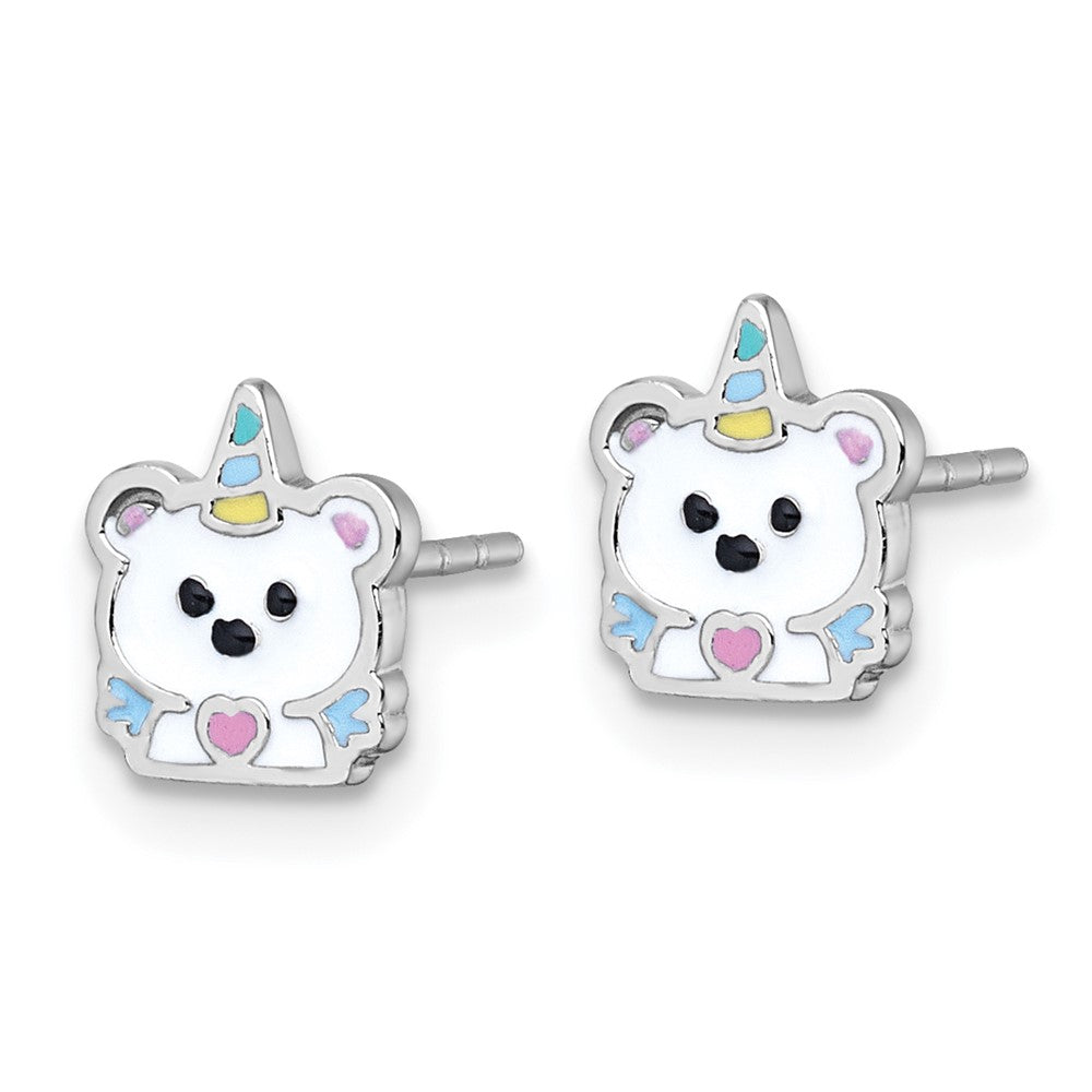 Sterling Silver RH-plated Enamel Unicorn Polar Bear Post Earring