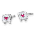Sterling Silver Rh-plated Enamel Sheep with Pink Heart Post Earrings