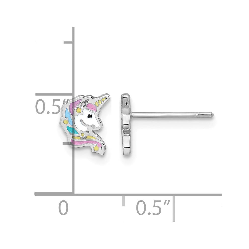 Sterling Silver Rhodium-plated Enamel Unicorn Head Post Earrings
