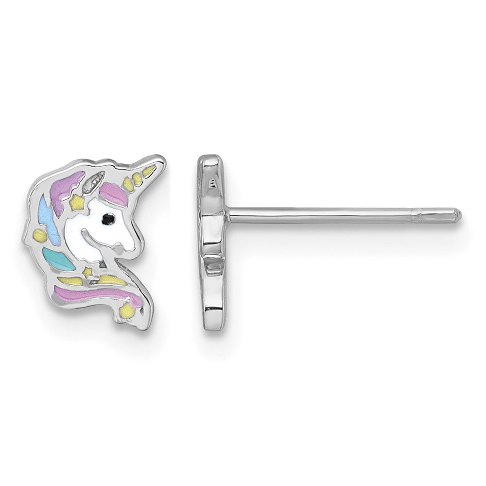Sterling Silver Rhodium-plated Enamel Unicorn Head Post Earrings