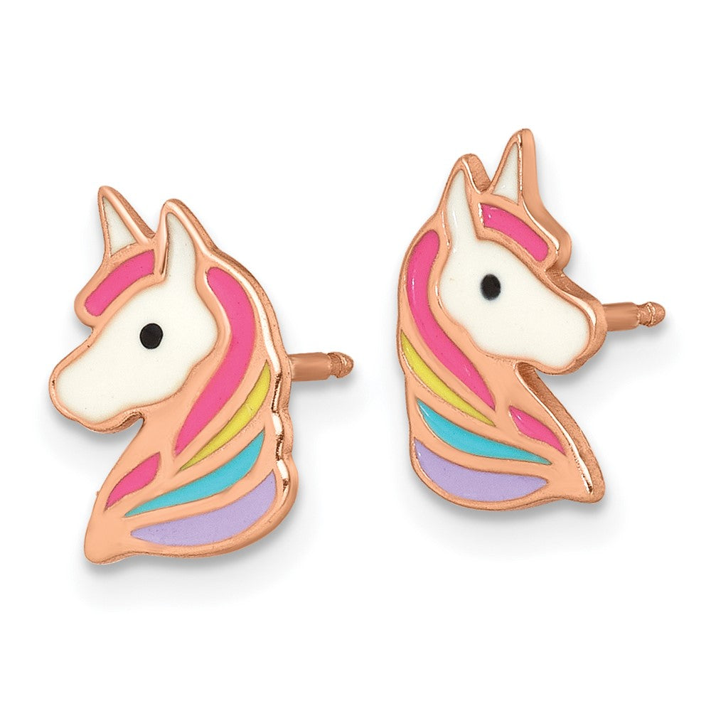 Sterling Silver Rose Gold-plated Enameled Unicorn Post Earrings