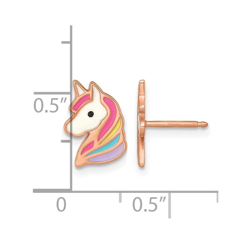 Sterling Silver Rose Gold-plated Enameled Unicorn Post Earrings