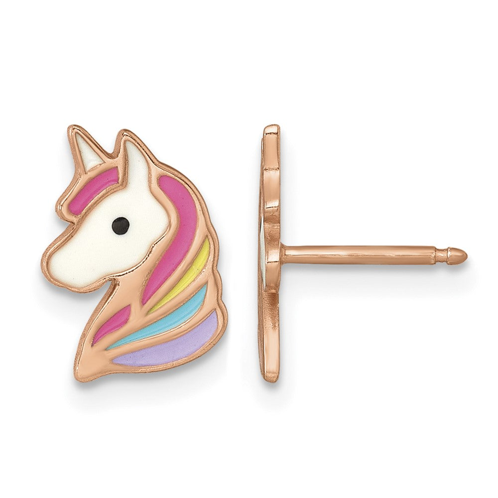 Sterling Silver Rose Gold-plated Enameled Unicorn Post Earrings