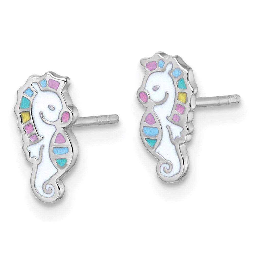 Sterling Silver Rhodium-plated Multi-color Enamel Seahorse Post Earrings