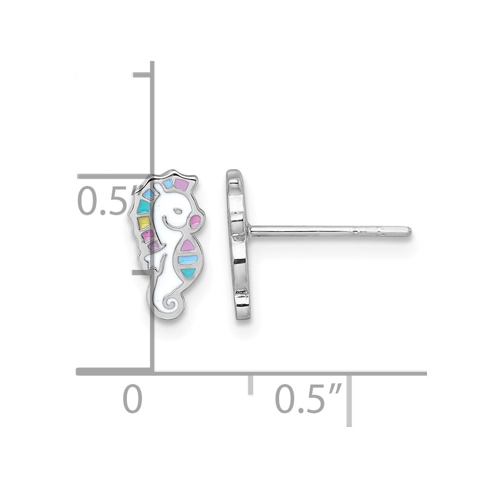 Sterling Silver Rhodium-plated Multi-color Enamel Seahorse Post Earrings