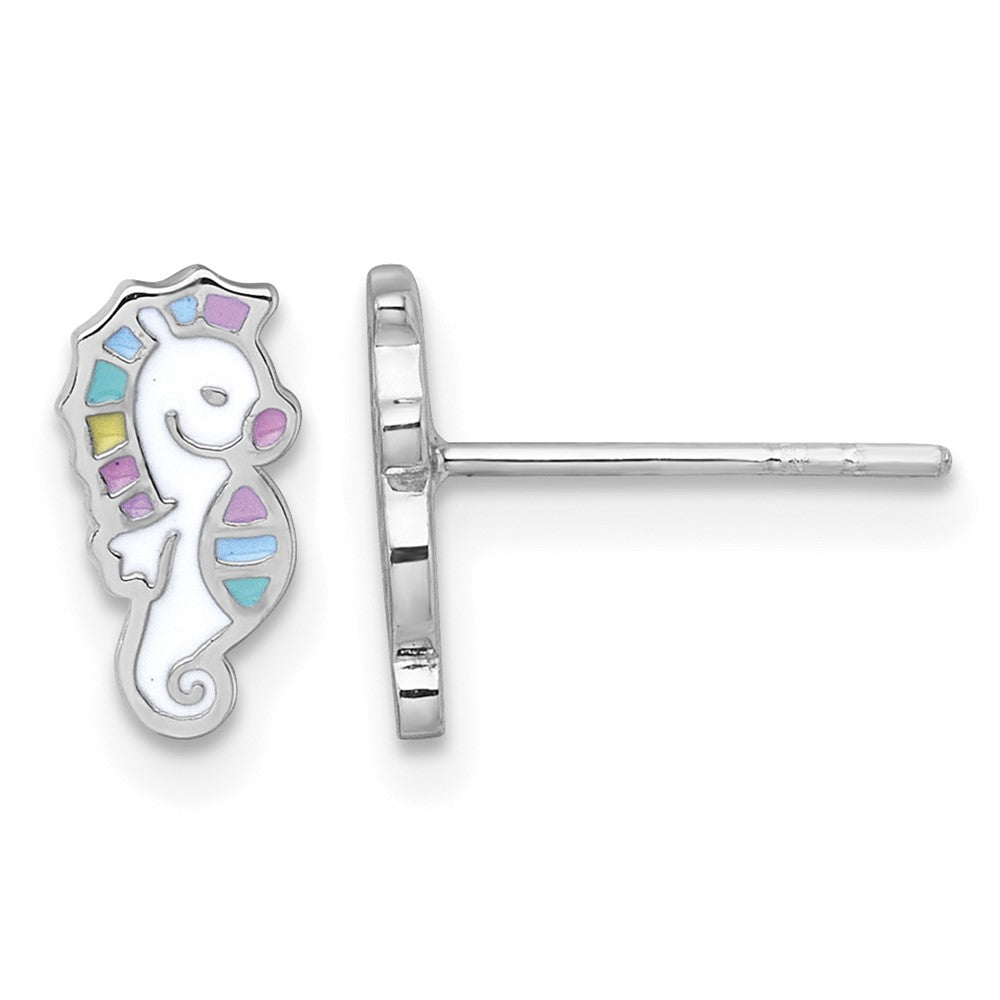 Sterling Silver Rhodium-plated Multi-color Enamel Seahorse Post Earrings