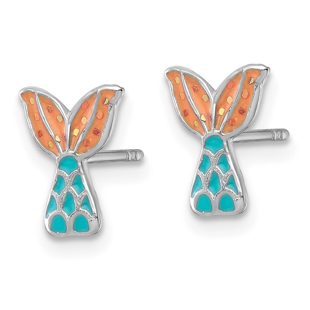 Sterling Silver Madi K RH-plat Enamel Mermaid Tail Post Earrings