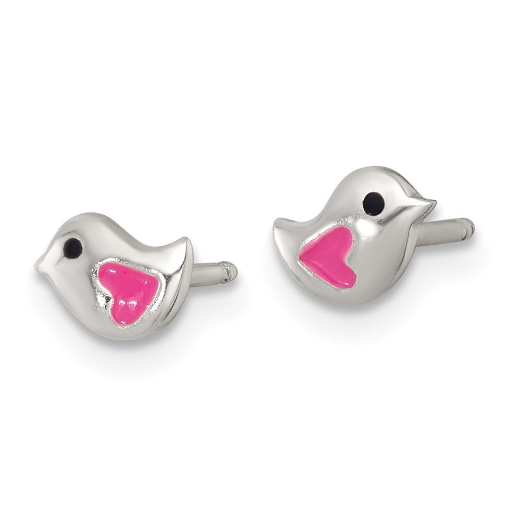 Sterling Silver Polished Enameled Heart Bird Post Earrings