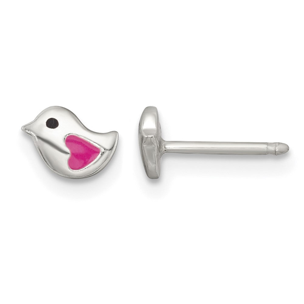 Sterling Silver Polished Enameled Heart Bird Post Earrings