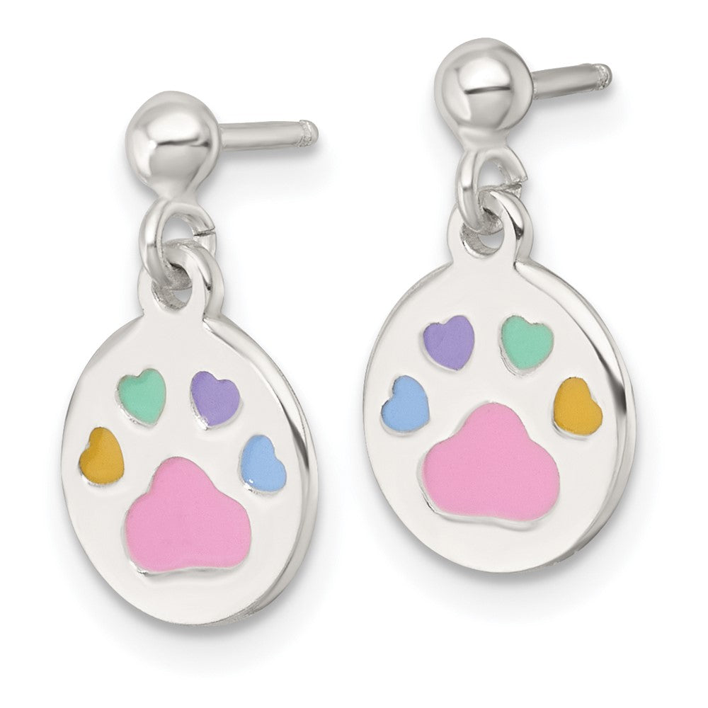 Sterling Silver Enamel Mult-icolor Pawprint Post Dangle Earrings