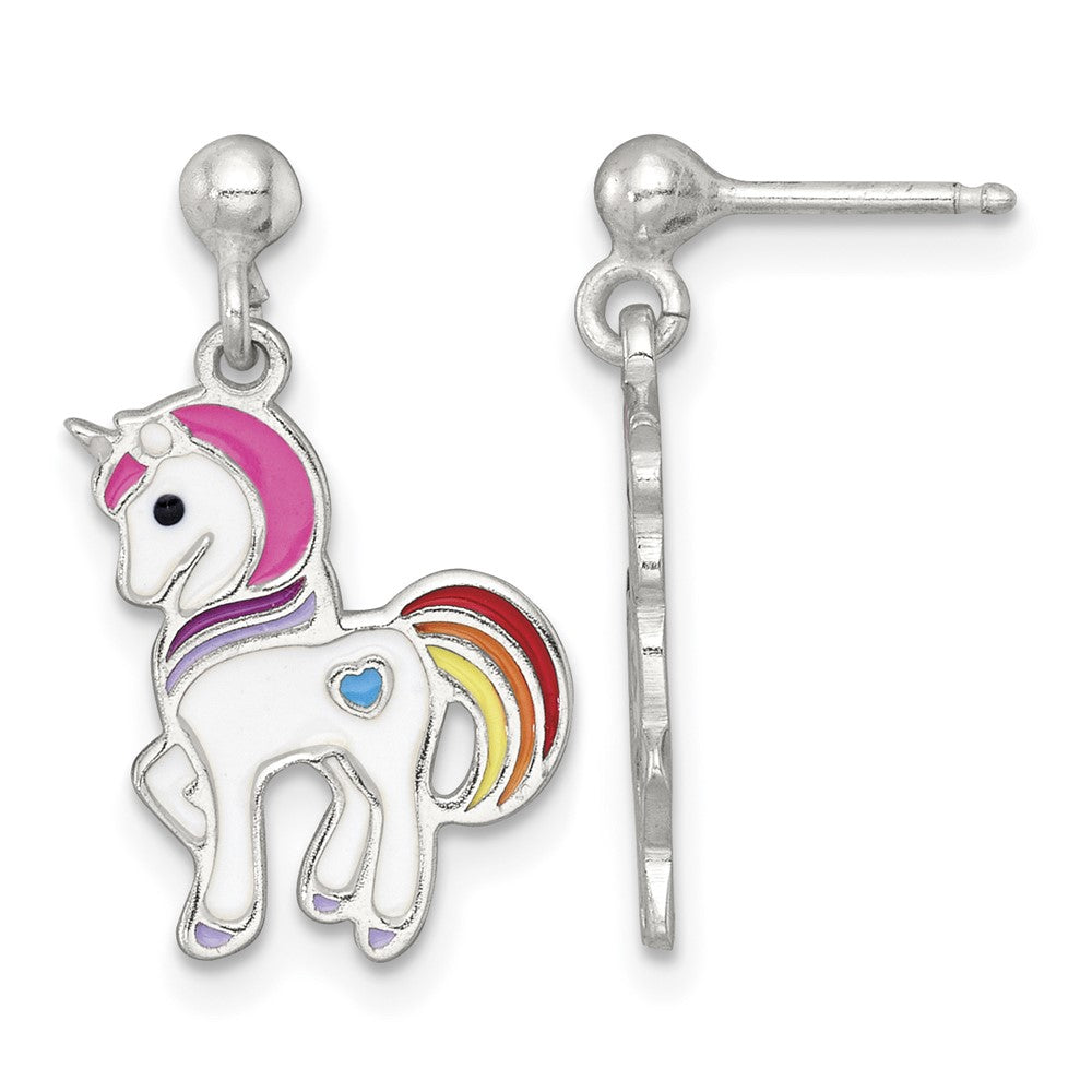 Sterling Silver Polished Enameled Unicorn Danble Post Earrings