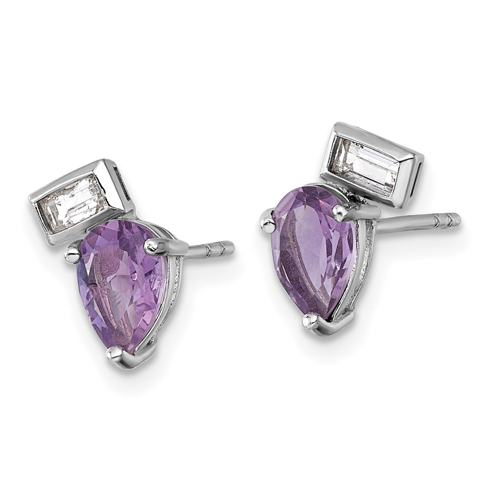 SS RH-plated Pear Rectangle Shape Amethyst and White Topaz Post Earrings