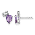 SS RH-plated Pear Rectangle Shape Amethyst and White Topaz Post Earrings