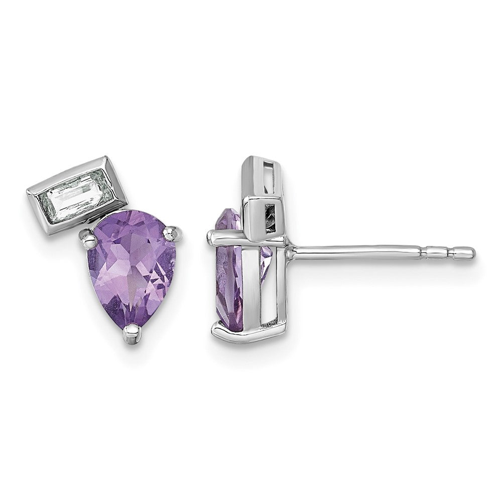 SS RH-plated Pear Rectangle Shape Amethyst and White Topaz Post Earrings