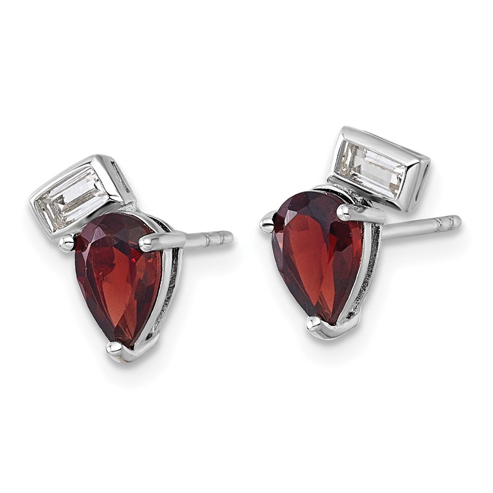 SS RH-plated Pear and Rectangle Shape Garnet White Topaz Post Earrings