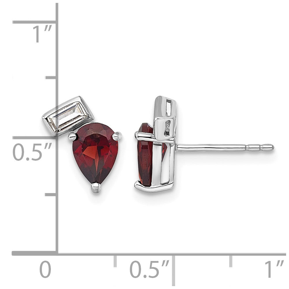 SS RH-plated Pear and Rectangle Shape Garnet White Topaz Post Earrings