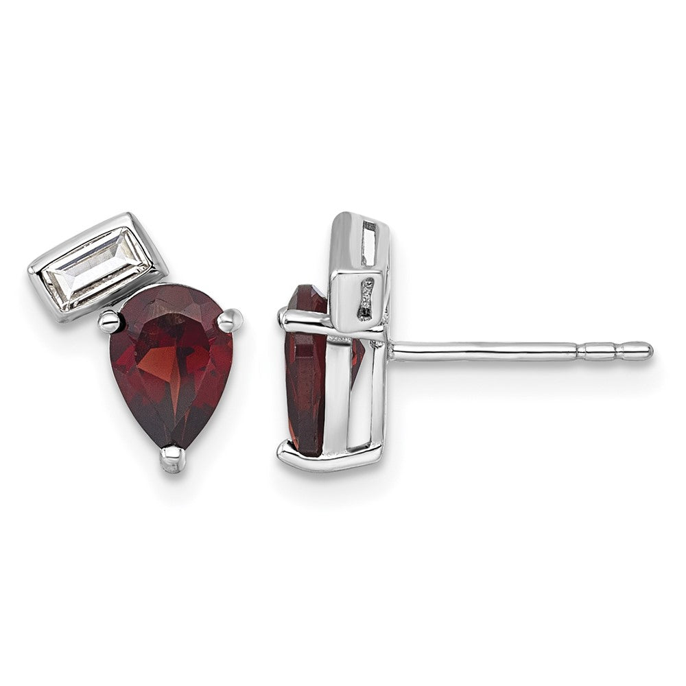 SS RH-plated Pear and Rectangle Shape Garnet White Topaz Post Earrings