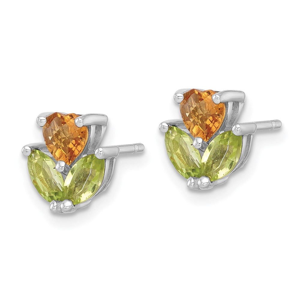 Sterling Silver RH-plated Citrine and Peridot Flower Post Earrings