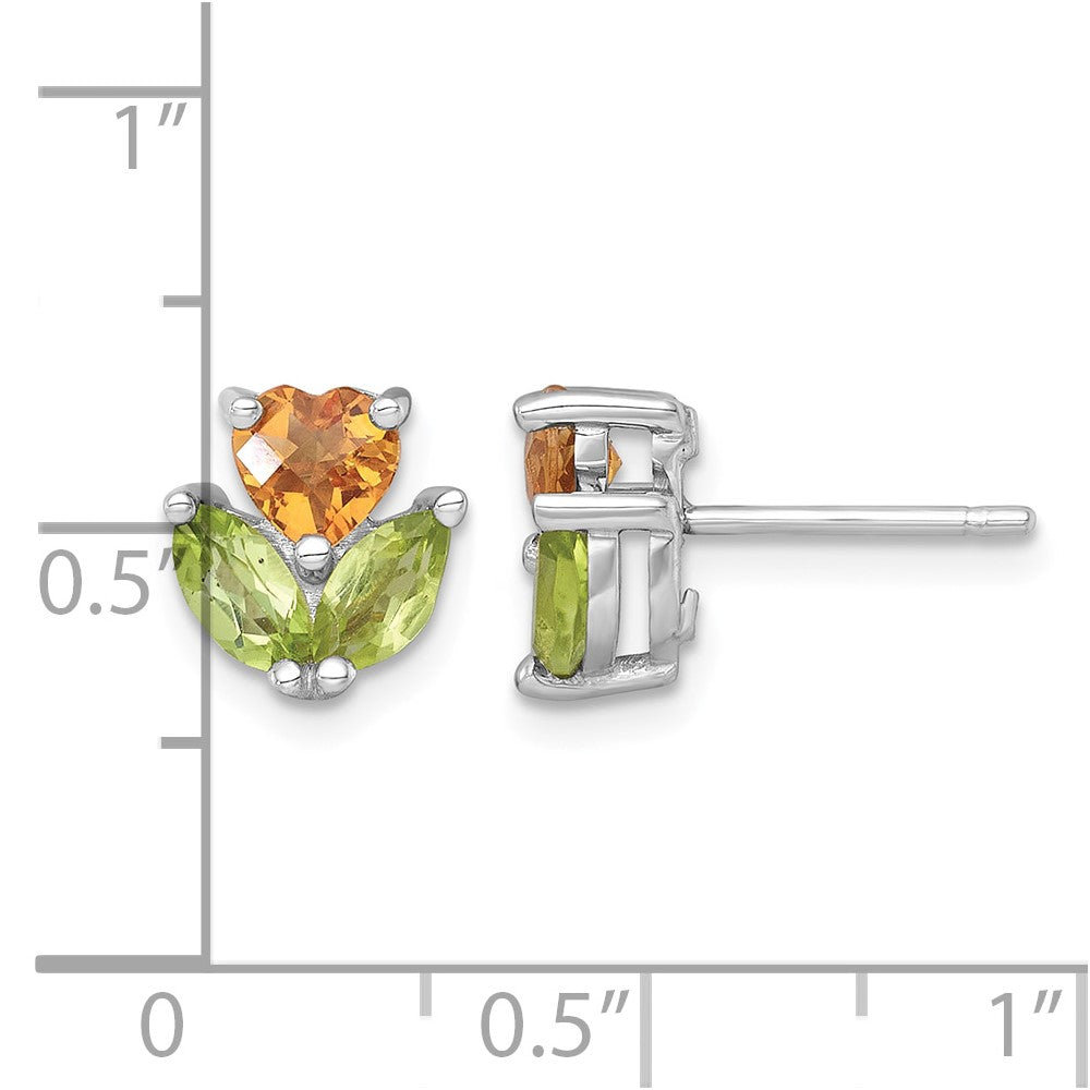 Sterling Silver RH-plated Citrine and Peridot Flower Post Earrings