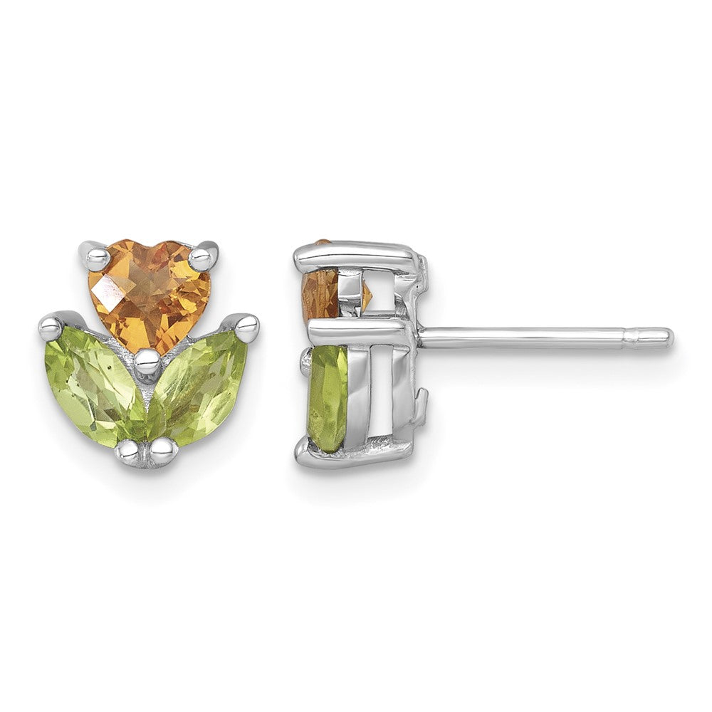 Sterling Silver RH-plated Citrine and Peridot Flower Post Earrings