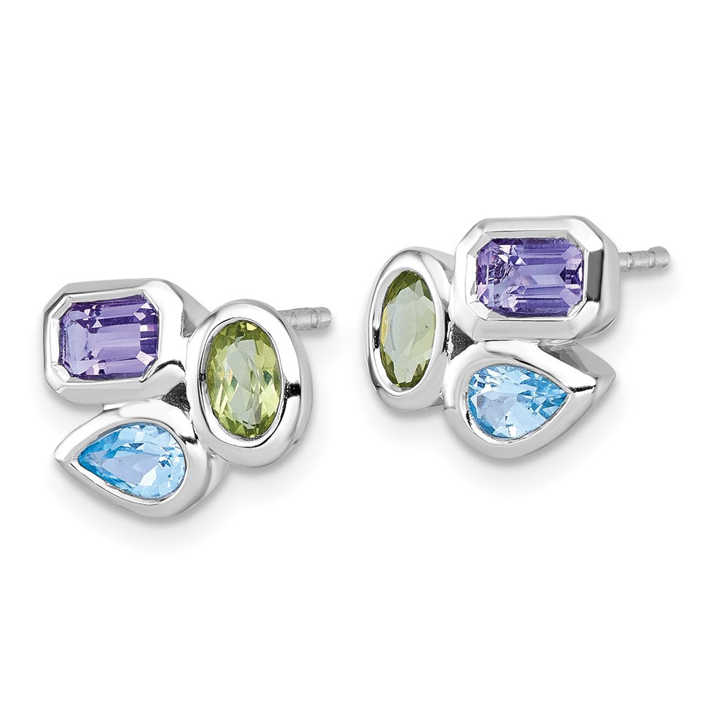 SS RH-plated Polished Blue Topaz/Peridot/Amethyst Post Earrings