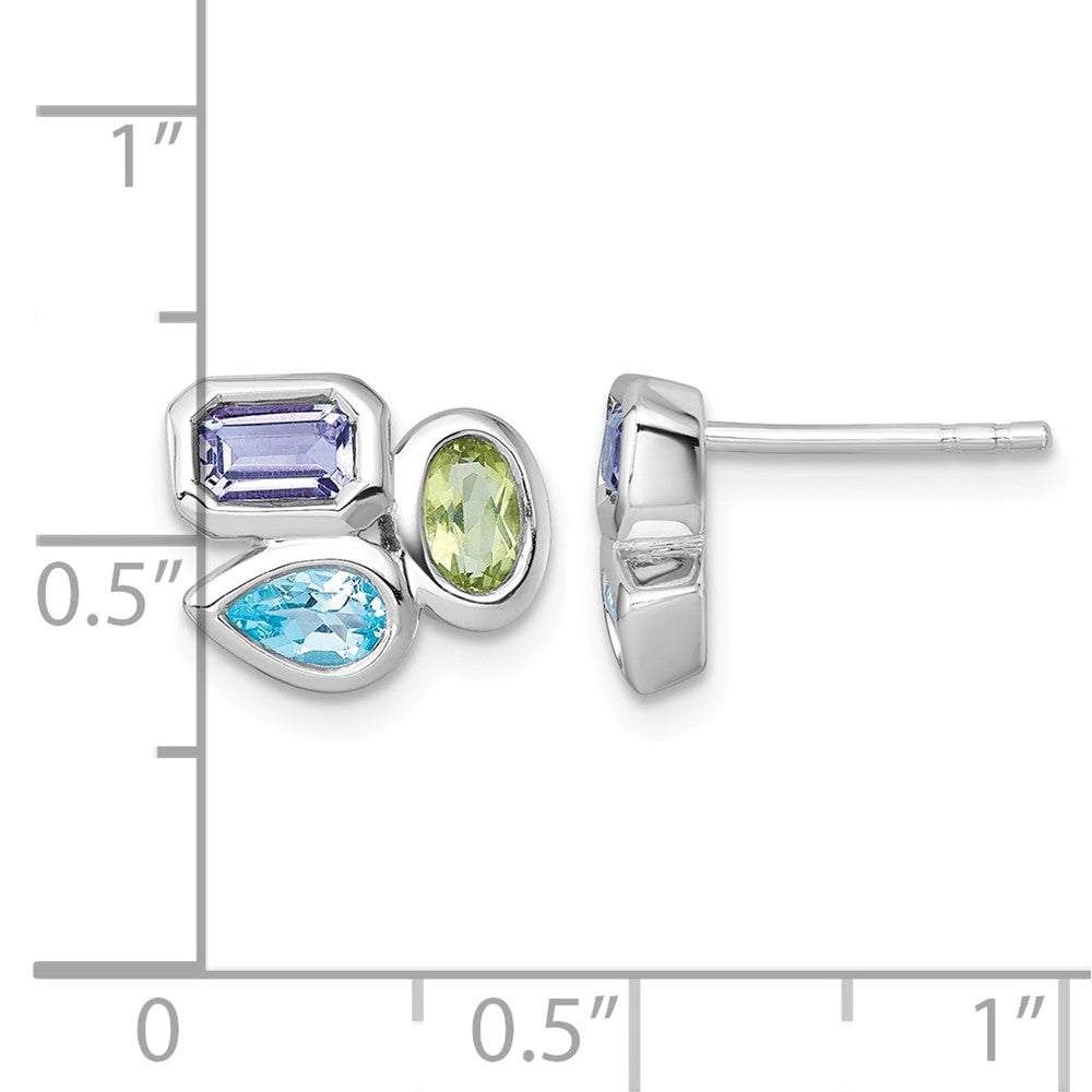SS RH-plated Polished Blue Topaz/Peridot/Amethyst Post Earrings