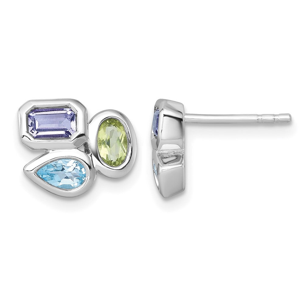 SS RH-plated Polished Blue Topaz/Peridot/Amethyst Post Earrings