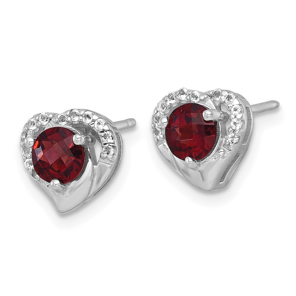 Sterling Silver RH-plated Garnet & White Topaz Heart Post Earrings