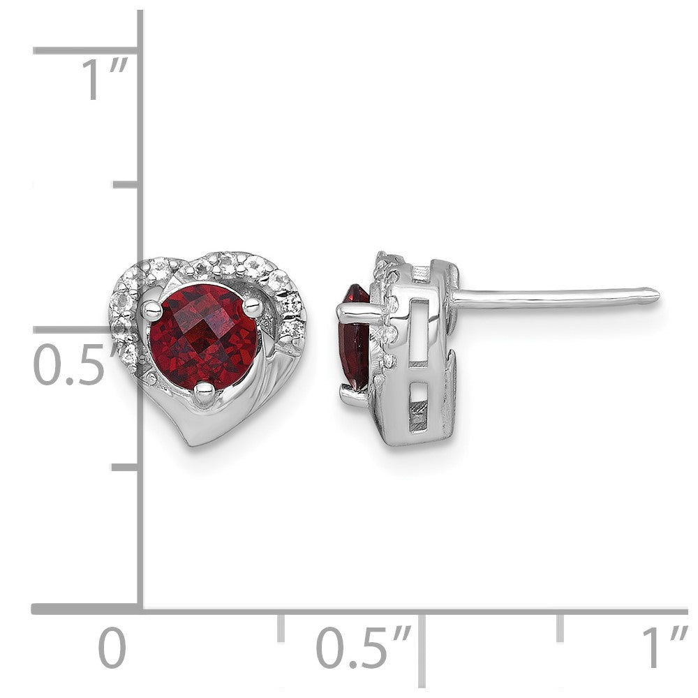 Sterling Silver RH-plated Garnet & White Topaz Heart Post Earrings