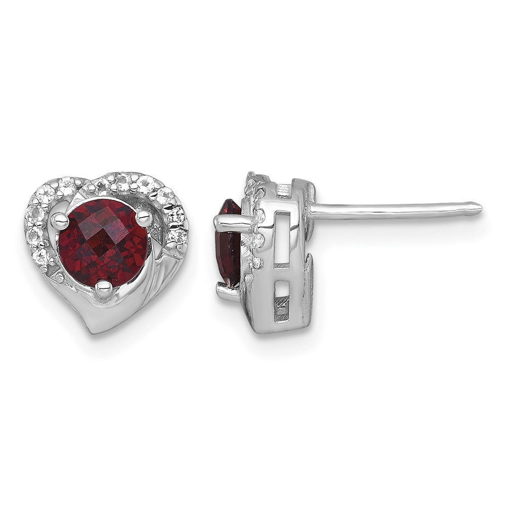 Sterling Silver RH-plated Garnet & White Topaz Heart Post Earrings