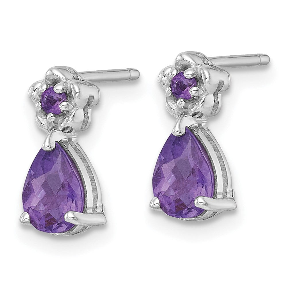 Sterling Silver RH-plated Amethyst Teardrop & Flower Post Earrings