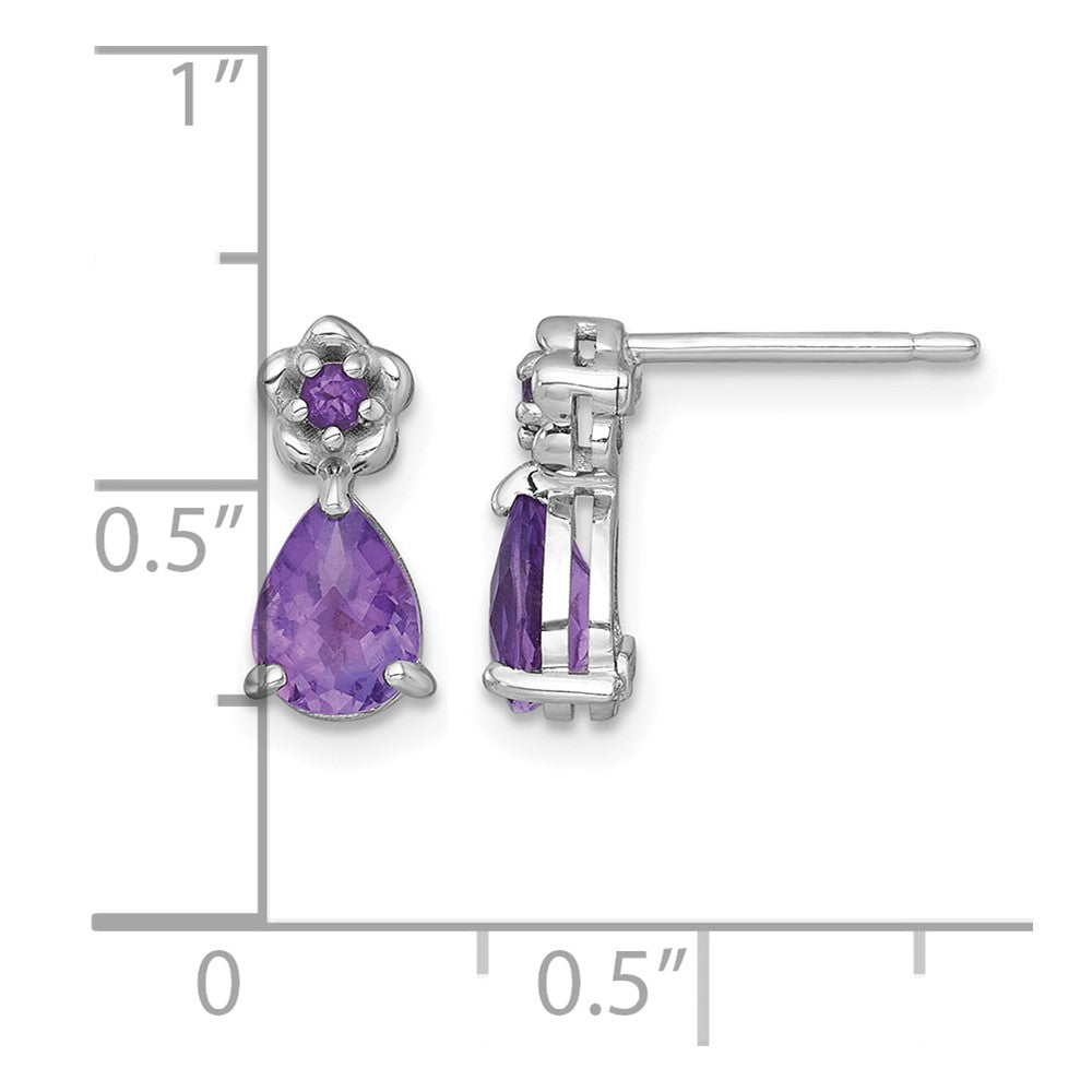 Sterling Silver RH-plated Amethyst Teardrop & Flower Post Earrings