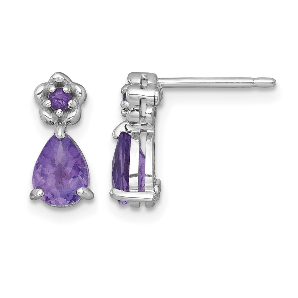 Sterling Silver RH-plated Amethyst Teardrop & Flower Post Earrings