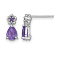 Sterling Silver RH-plated Amethyst Teardrop & Flower Post Earrings